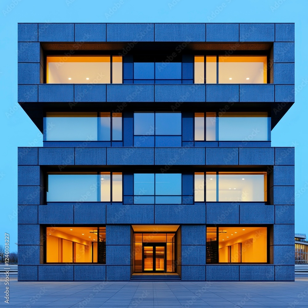 Poster modern architectural design featuring a sleek multi-level building illuminated at dusk, showcasing c
