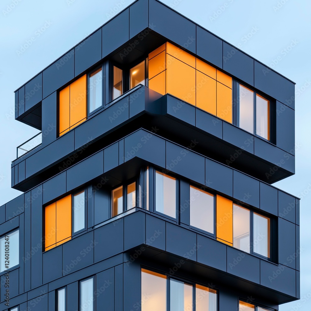 Poster modern architectural design featuring an eye-catching black and orange building structure with geome