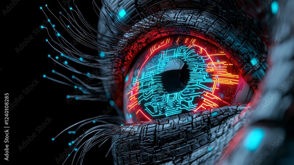 Poster futuristic robotic eye with intricate circuitry and glowing elements illustrating the fusion of tech