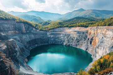 Open pit mine with turquoise water surrounded by autumn forest and distant mountains