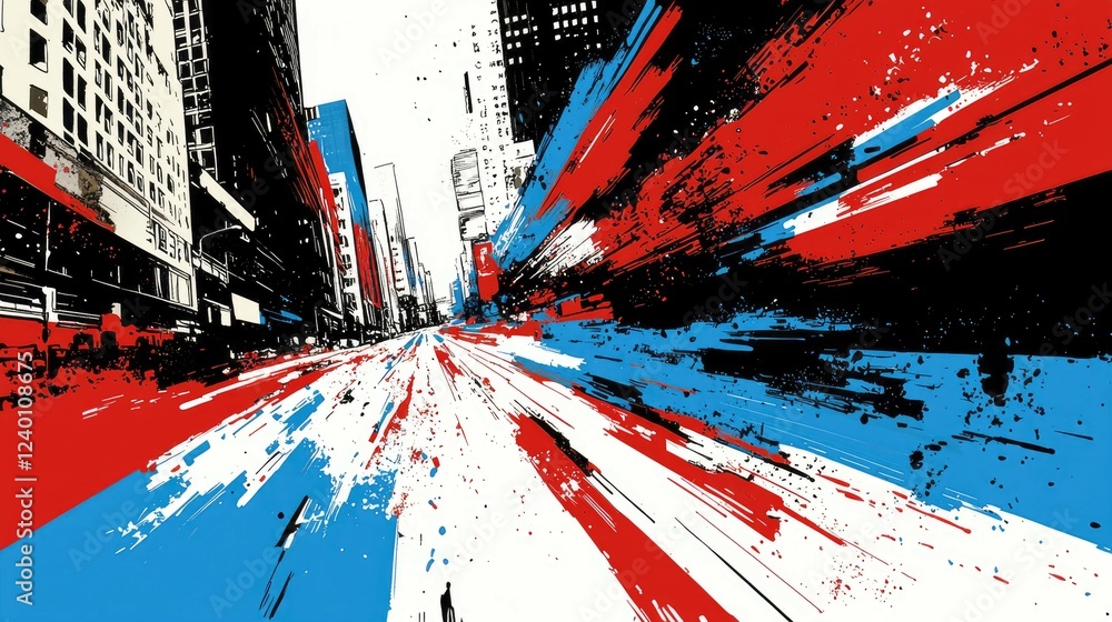Poster dynamic cityscape: an abstract expression of urban speed and energy. bold colors and dynamic brushst