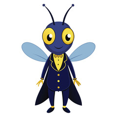 A firefly in a deep navy blue tuxedo with glowing gold buttons, Illustrator Artwork