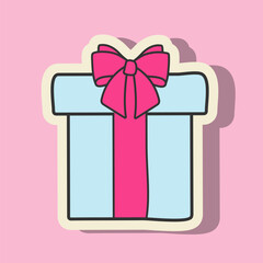 Doodle Y2K Sticker Gift Box Isolated On Pink Background. Vector Illustration Cute Element Hand Drawn. Sticker Suitable For Valentine's Day, Birthday, Wedding.
