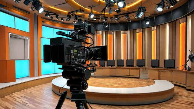 A modern TV studio with a camera and multiple screens