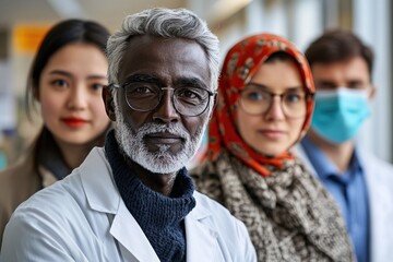 Diverse medical team portrait with focus on experienced doctor in a modern hospital setting