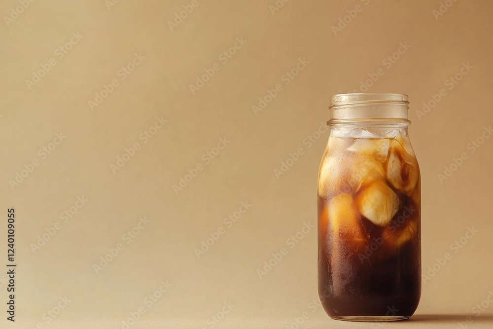 Wall mural Iced Coffee in a Glass Jar on Beige Background