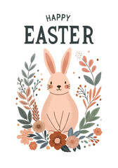 Cute rabbit surrounded by meadow flowers and leaves. Lettering Happy Easter. Vector illustration for Easter designs.