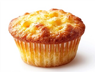 Golden brown muffin with visible corn kernels on a plain white background studio shot closeup