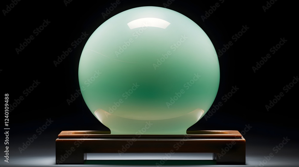 Poster mesmerizing glowing jade sphere resting on a sleek minimalist glass display stand creating a modern 