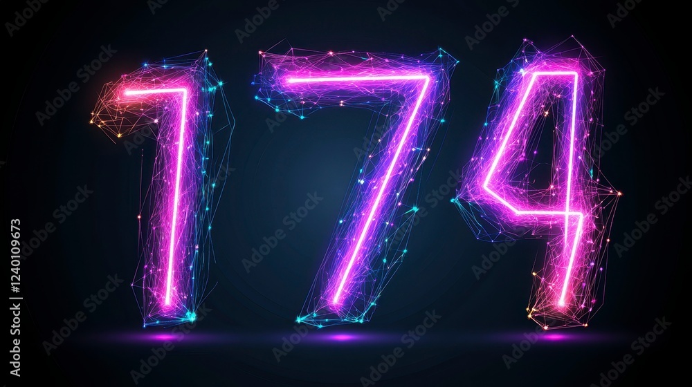 Poster a vibrant, glowing representation of the number 174 crafted from interconnected lines and nodes in a