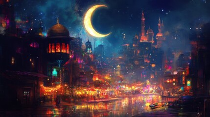 Magical Night Cityscape with Crescent Moon and Sparkling Lights