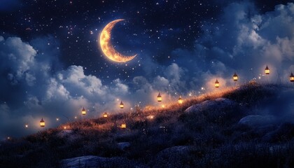 Naklejka premium Magical Night Landscape with Crescent Moon and Glowing Lanterns on Hills