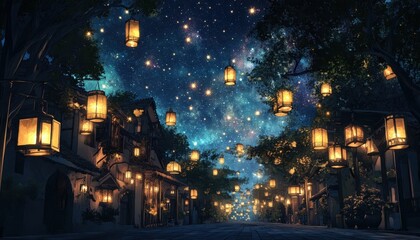 Magical Night in a Starlit Village with Glowing Lanterns