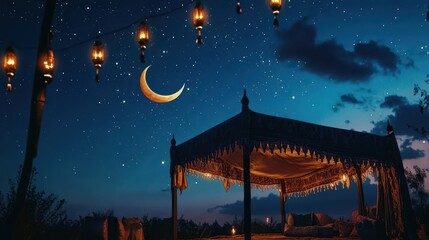 Fototapeta premium Magical Night Scene with Crescent Moon and Glowing Lanterns