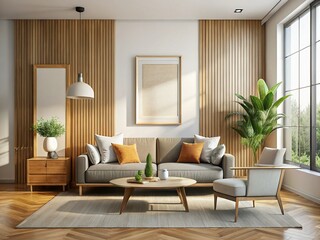 Fototapeta premium Minimalist Living Room Interior Design Mockup with Empty Frame, Natural Light & Wood Accents