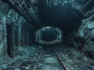 Naklejka premium Abandoned coal mine ventilation tunnel interior slung derelict forsaken outcast