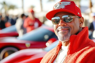 A car club member proudly standing next to their luxury vehicle at an exclusive members-only gathering