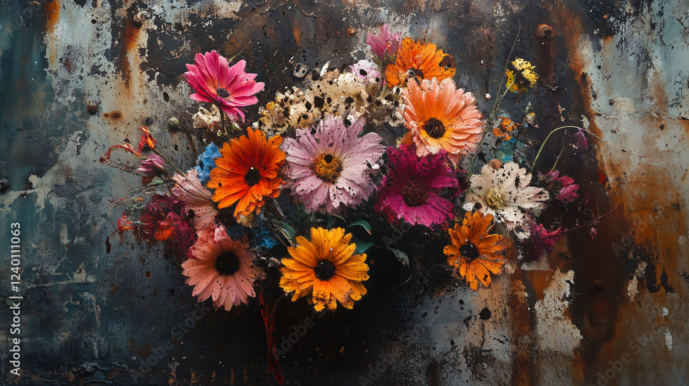 Poster surreal bouquet of vibrant flowers against a textured backdrop creating a dreamlike atmosphere. gene