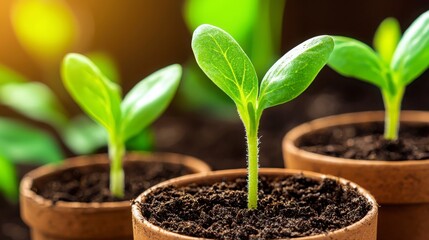 Close-Up Shot of Young Seedlings Sprouting in Small Pots