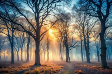 Mysterious Foggy Forest, Leafless Trees, Early Morning Light - Minimalist Landscape Photography