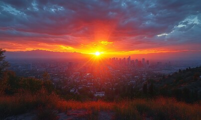 Obraz premium Fiery Sunset over City Skyline