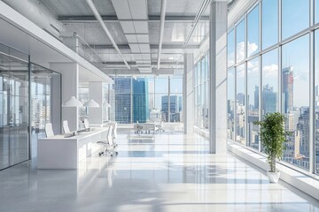 Modern open space white office with city view