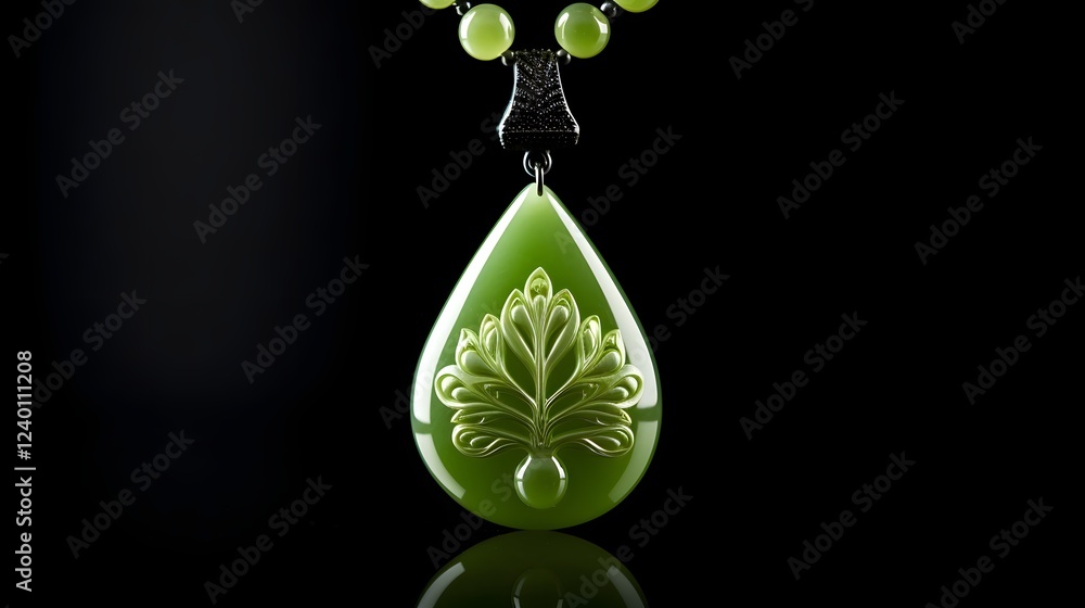 Poster captivating image of a smooth glowing jade pendant set against a deep dark black background creating