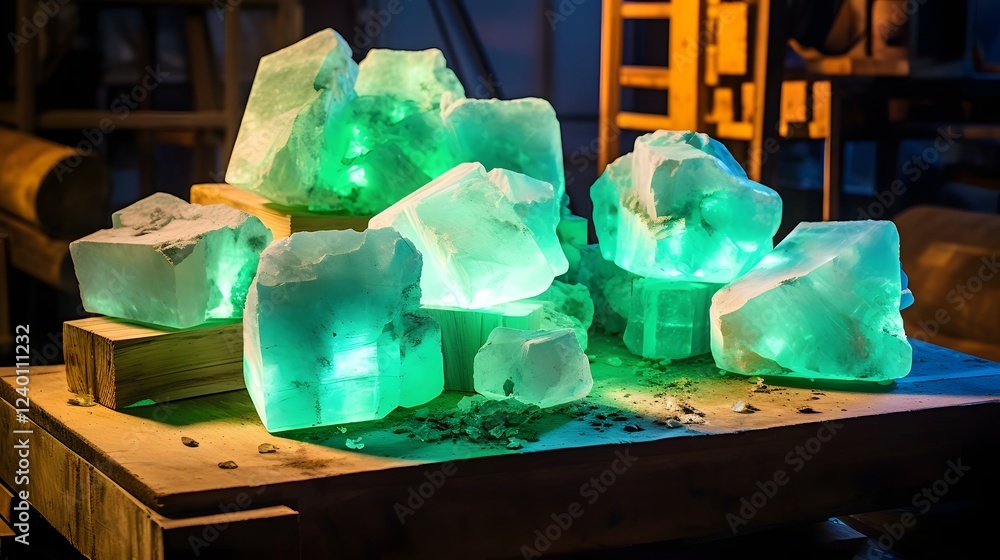 Poster captivating raw jade chunks arranged in an aesthetic calming composition with a natural glowing edge