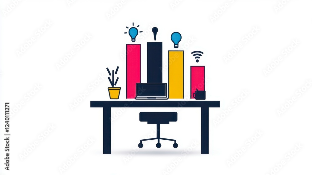 Poster a modern workspace illustrating creativity and productivity with colorful bar graphs and various off