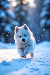Husky puppy playing in the snow in the winter. Pet animals.