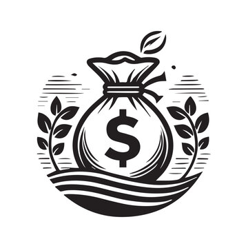 Black and White Money Bag Icon Set with Dollar Sign for Finance, Banking, Investment, and Business Concepts