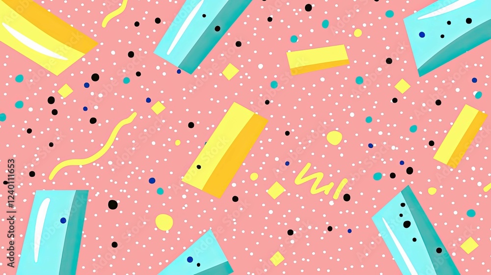 Poster vibrant retro geometric pattern: colorful abstract background design with memphis style shapes and 8