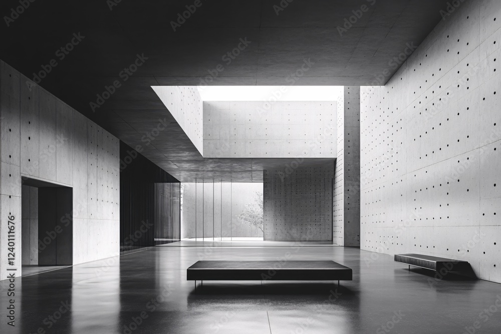 Poster minimalist concrete interior with bench and light entering from open space in modern architecture