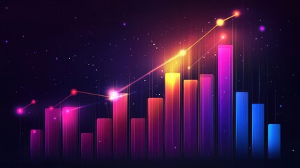 Rising graph, glowing data points, dark background, growth concept, business report