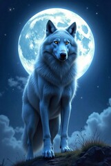 Illustration of a wolf in front of a full moon in the night