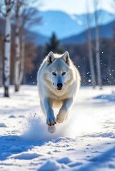 Siberian husky running in the snow in winter forest.