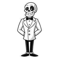 A skeleton in a sleek bone-white tuxedo with black accents Illustrator Artwork