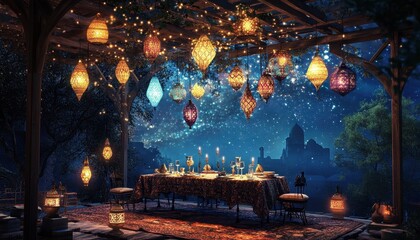 Obraz premium Magical Nighttime Dinner Setting with Glowing Lanterns and Falling Snow