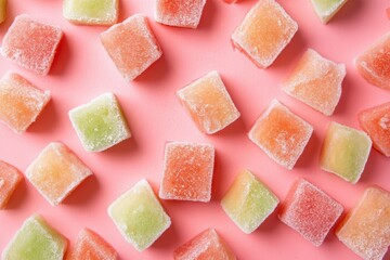 Colorful sugared fruit jellies on pink background