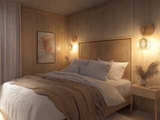 Serene Bedroom Design With Wooden Walls And Natural Decor