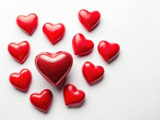Fototapeta premium Red Hearts Scattered on White Background - Valentine's, Mother's Day, Wedding Postcard