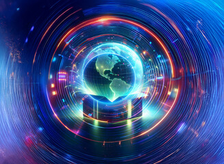 Obraz premium A mesmerizing double exposure image: a vibrant, glowing Earth rests within concentric rings of light, suggesting technological advancement and global connectivity. The dark base adds depth and myster