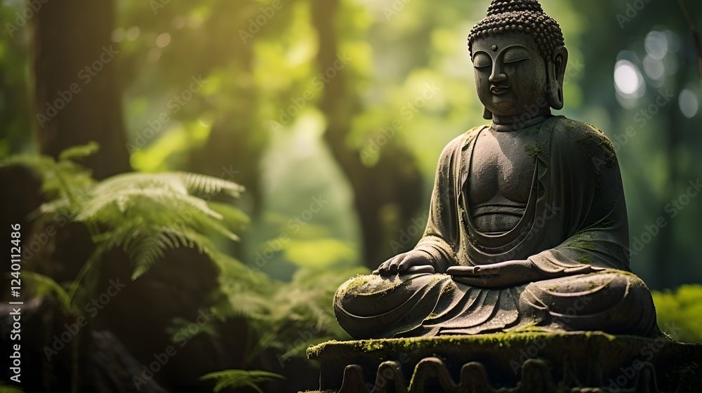 Poster tranquil buddha statue nestled in a verdant garden with soft sunlight filtering through the lush fol
