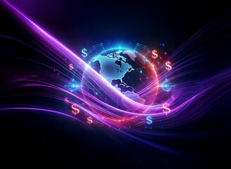 A mesmerizing double exposure image depicts a glowing Earth enveloped by vibrant, swirling energy and dollar signs, symbolizing global finance and interconnectedness.