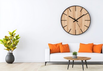 Modern Minimalist Living Room with Large Clock and Orange Accents