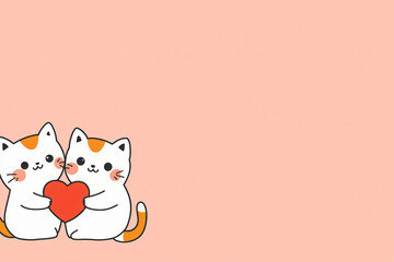 Fototapeta premium cute kittens holding a heart, kawaii illustration, space for text, valentine's day celebration