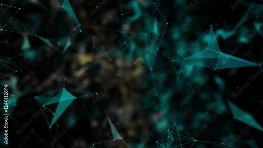 Poster connected dots and lines on blue background. moving lines and dots communication and technology netw