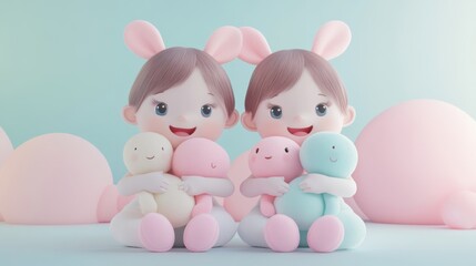 3D rendering of twins holding matching