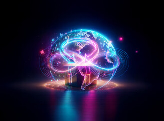 Fototapeta premium A mesmerizing double exposure image: a glowing orb, resembling Earth, encircled by vibrant energy streams. Surrounding particles add to the ethereal, futuristic effect.