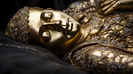 Weathered and aged golden reclining Buddha statue with intricate ornate Asian inspired architectural design and details  The ancient
